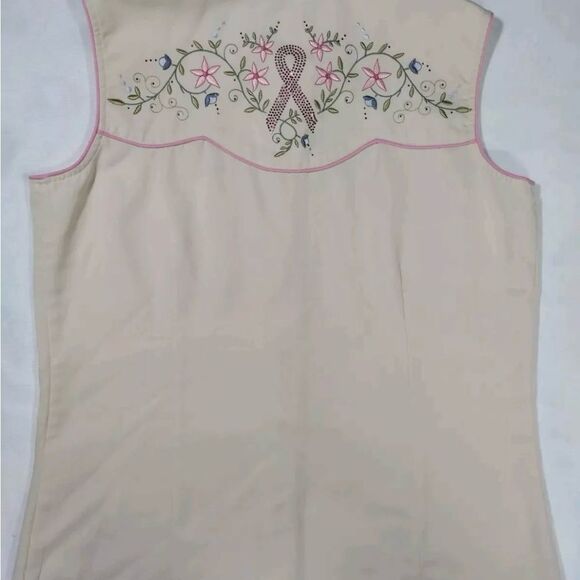 Scully Ivory Pink Floral Embroidered Breast Cancer Ribbon Western Pearl Snap L - Picture 6 of 8